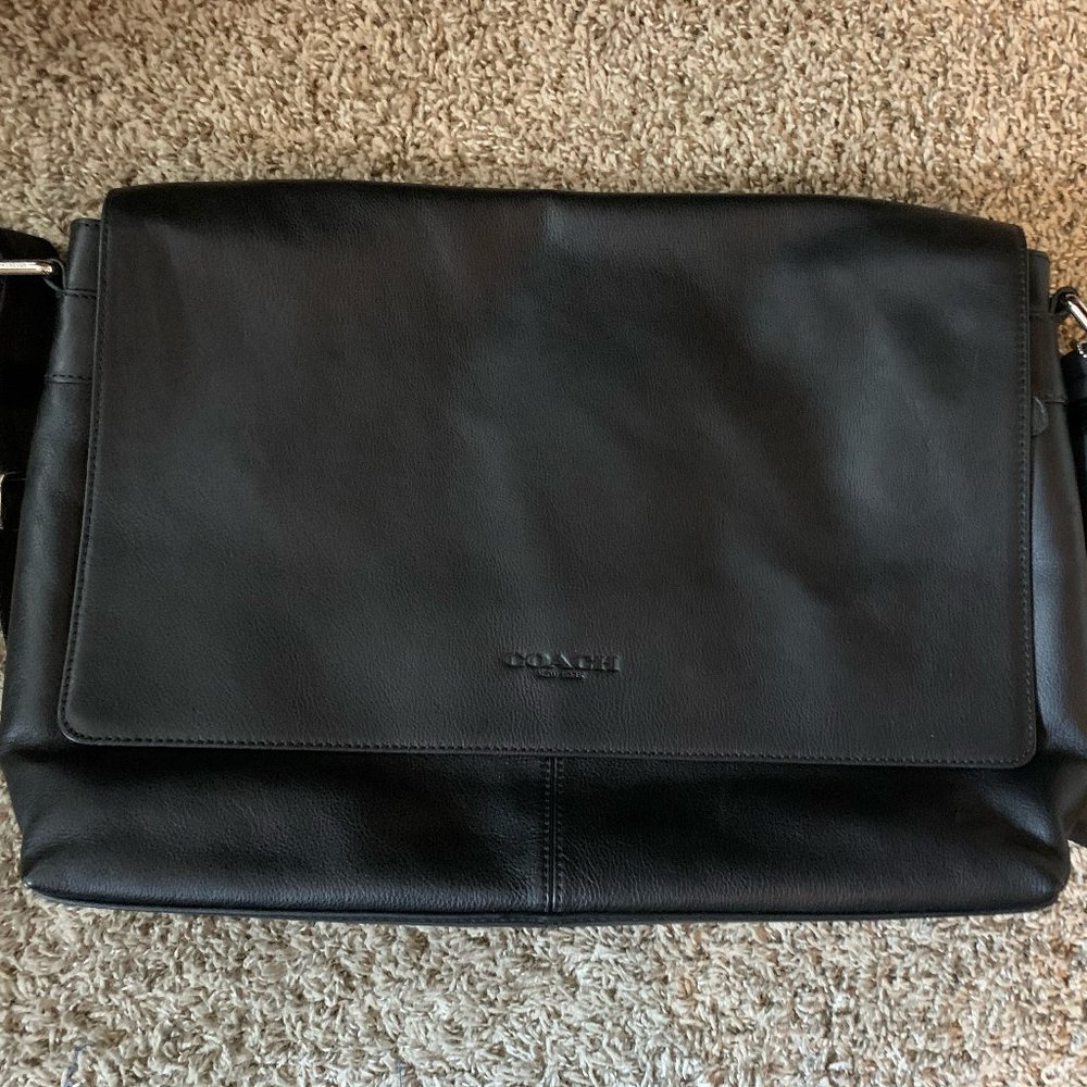 Men's Black Leather Coach Messenger Laptop Bag